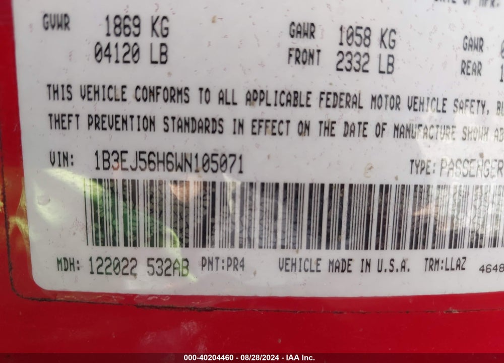 1998 DODGE STRATUS ES VIN: 1B3EJ56H6WN105071