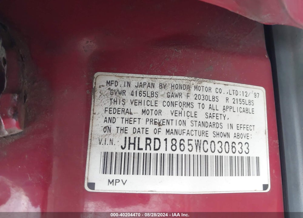 1998 HONDA CR-V EX VIN: JHLRD1865WC030633