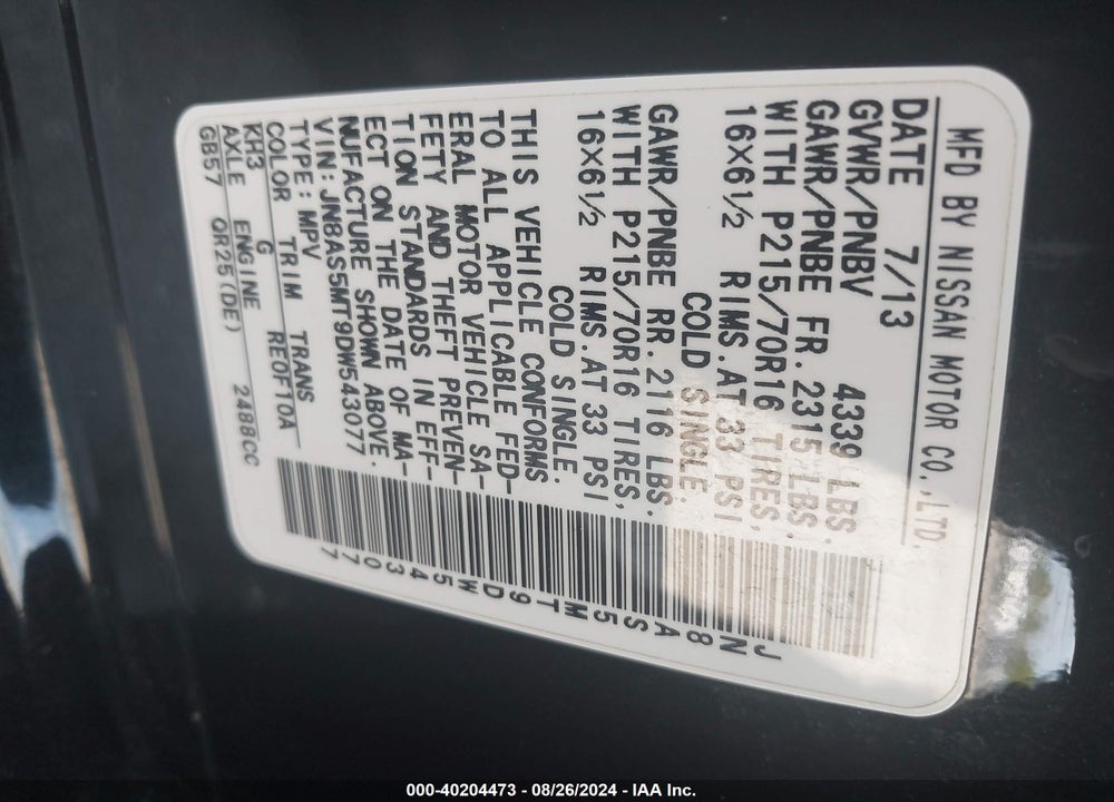 2013 NISSAN ROGUE S VIN: JN8AS5MT9DW543077