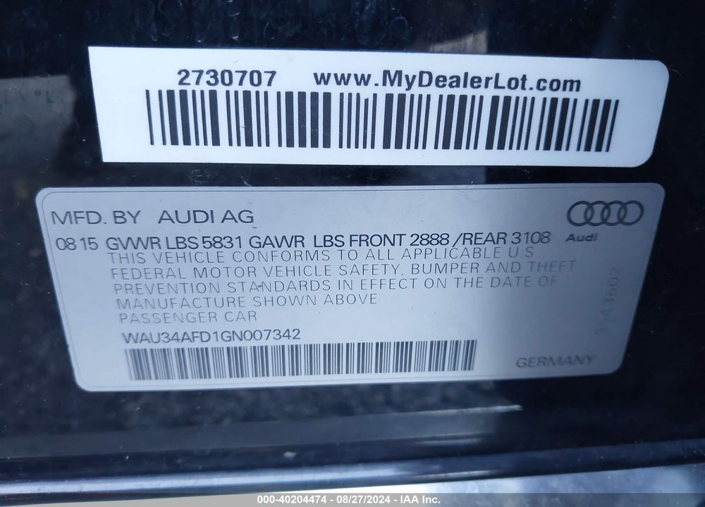 2016 AUDI A8 L 3.0T VIN: WAU34AFD1GN007342