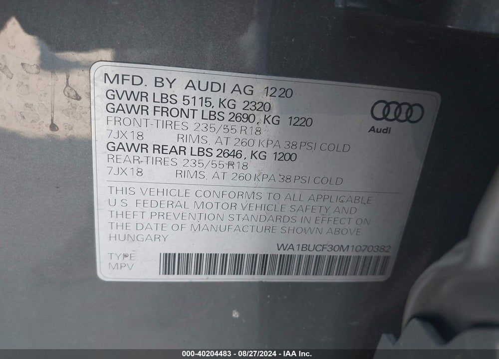 2021 AUDI Q3 PREMIUM PLUS 40 TFSI QUATTRO TIPTRONIC VIN: WA1BUCF30M1070382