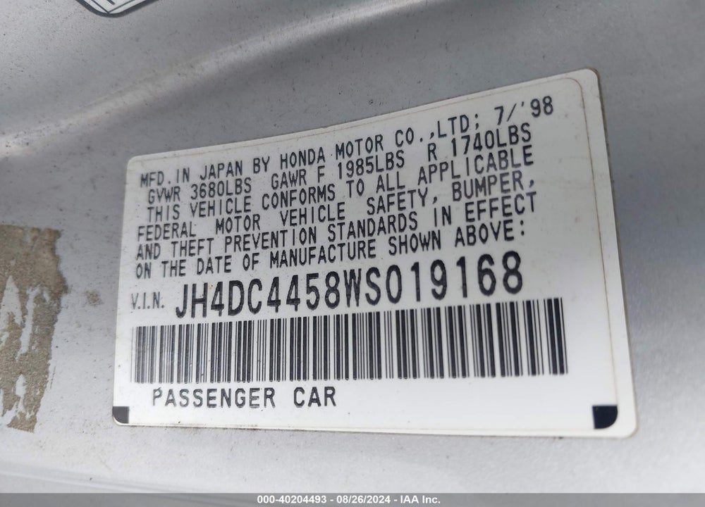 1998 ACURA INTEGRA LS VIN: JH4DC4458WS019168