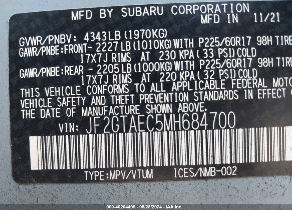 2021 SUBARU CROSSTREK PREMIUM VIN: JF2GTAEC5MH684700