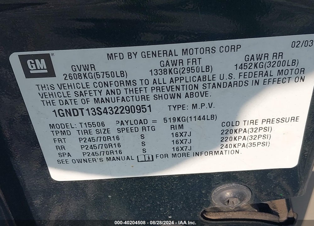 2003 CHEVROLET TRAILBLAZER LS VIN: 1GNDT13S432290951