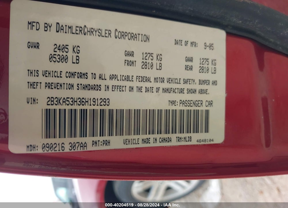 2006 DODGE CHARGER RT VIN: 2B3KA53H36H191293