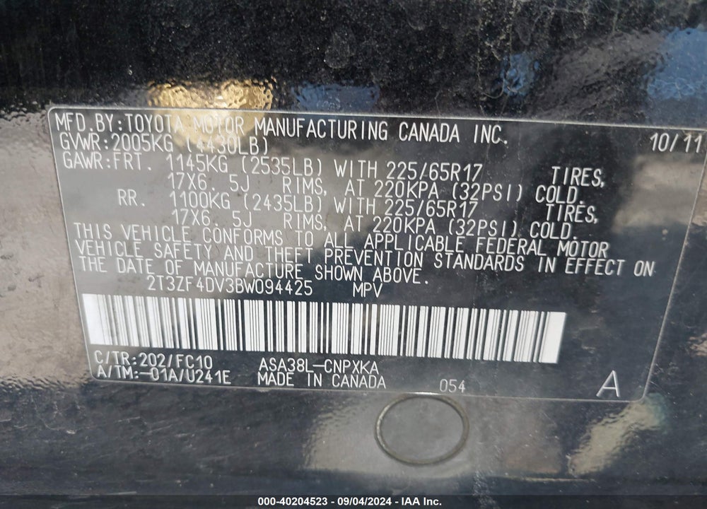 2011 TOYOTA RAV4 VIN: 2T3ZF4DV3BW094425