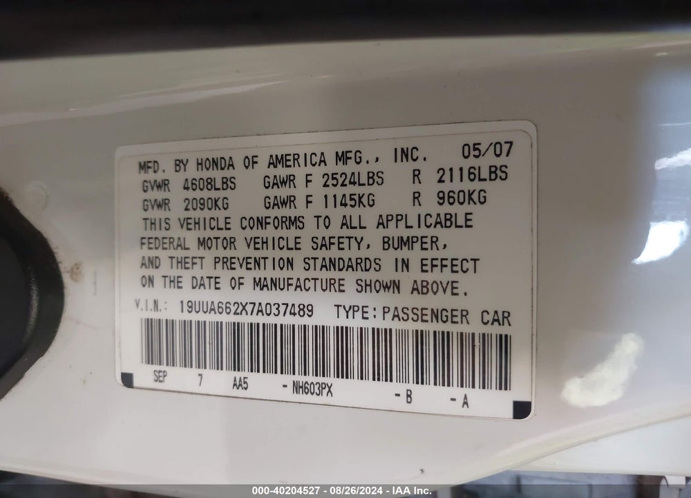 2007 ACURA TL 3.2 VIN: 19UUA662X7A037489