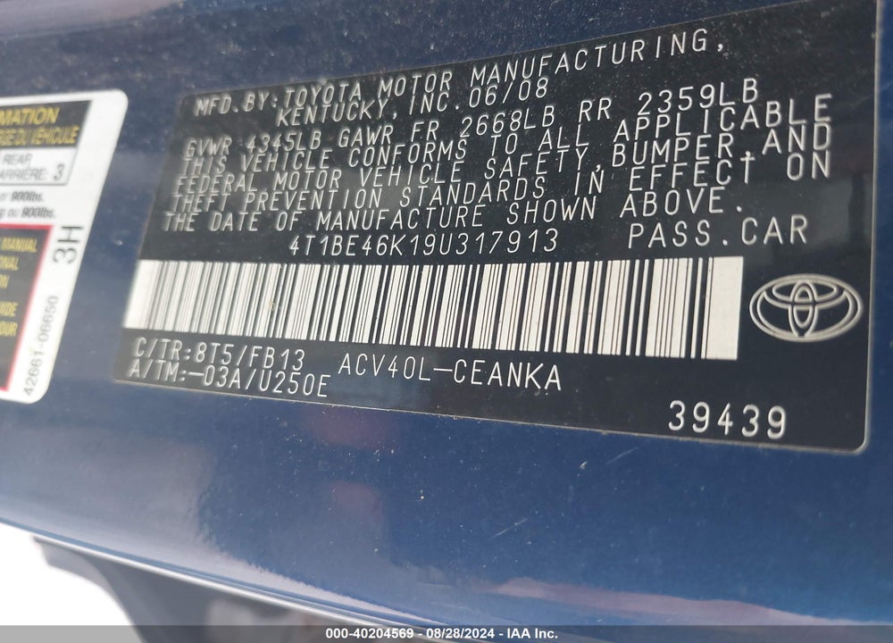 2009 TOYOTA CAMRY LE VIN: 4T1BE46K19U317913