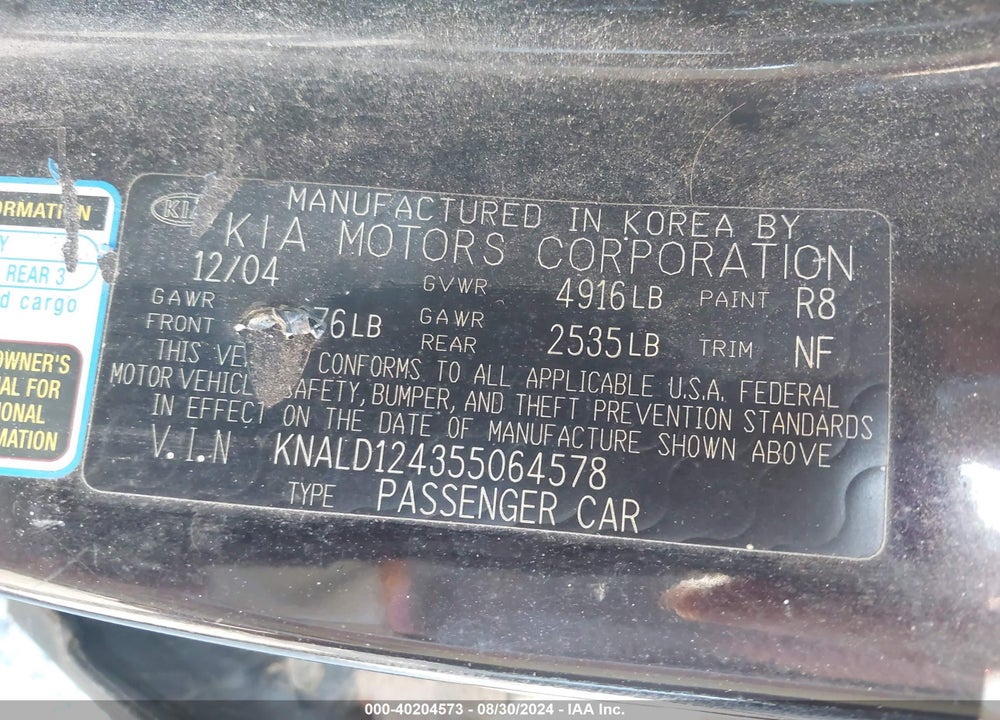 2005 KIA AMANTI VIN: KNALD124355064578