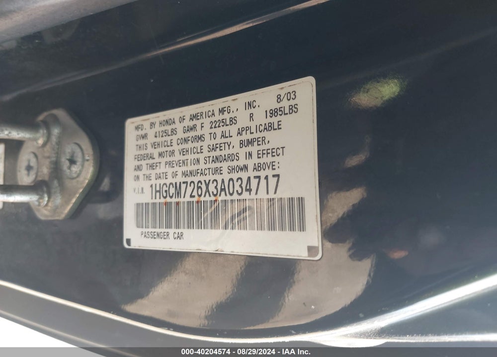 2003 HONDA ACCORD 2.4 EX VIN: 1HGCM726X3A034717