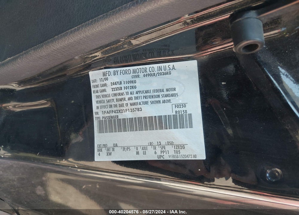 2001 FORD MUSTANG VIN: 1FAFP42X21F135783