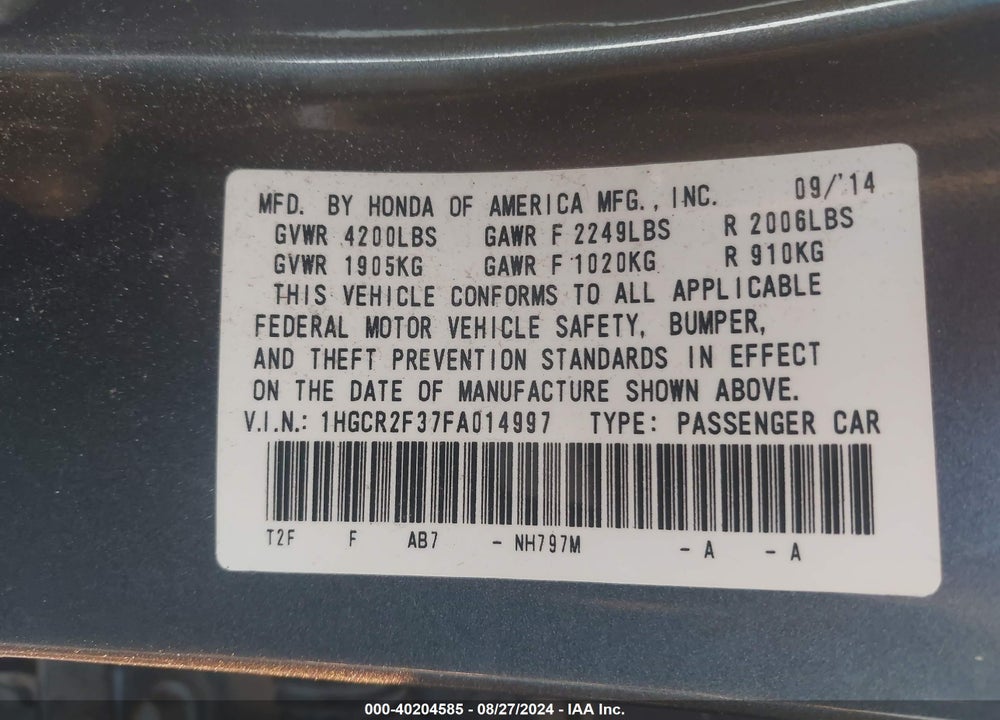 2015 HONDA ACCORD VIN: 1HGCR2F37FA014997