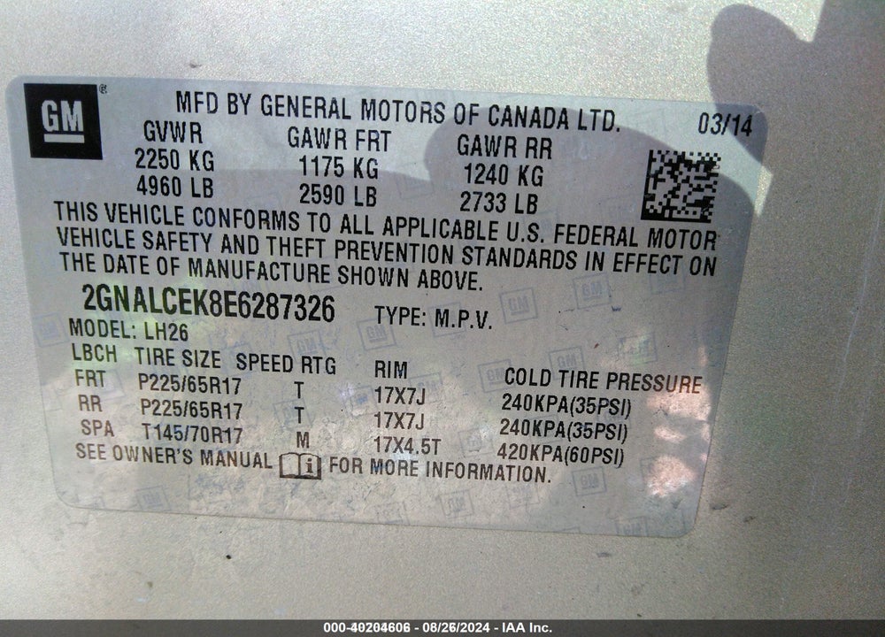 2014 CHEVROLET EQUINOX 2LT VIN: 2GNALCEK8E6287326