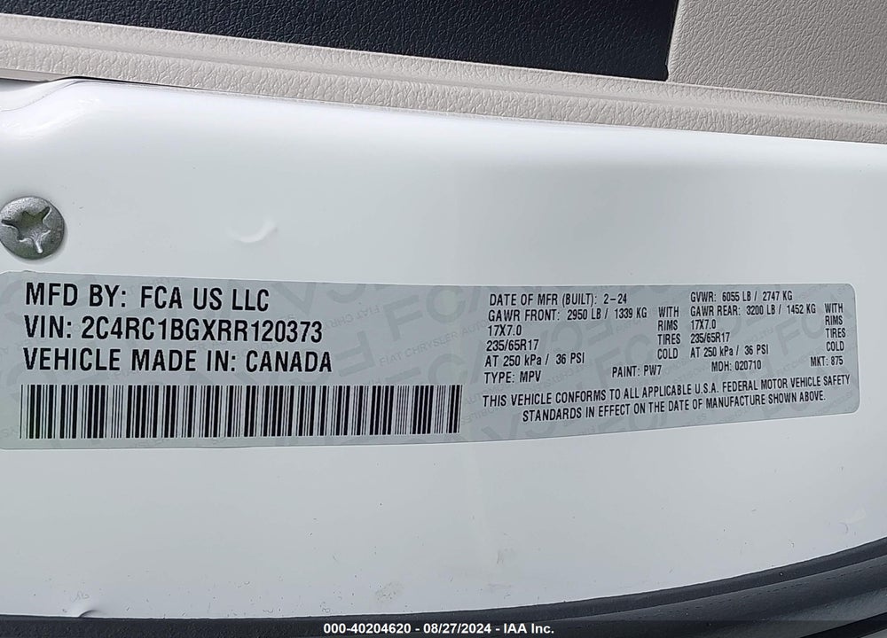 2024 CHRYSLER PACIFICA TOURING L VIN: 2C4RC1BGXRR120373