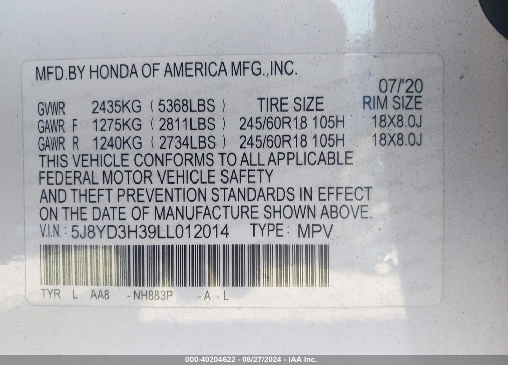 2020 ACURA MDX STANDARD VIN: 5J8YD3H39LL012014