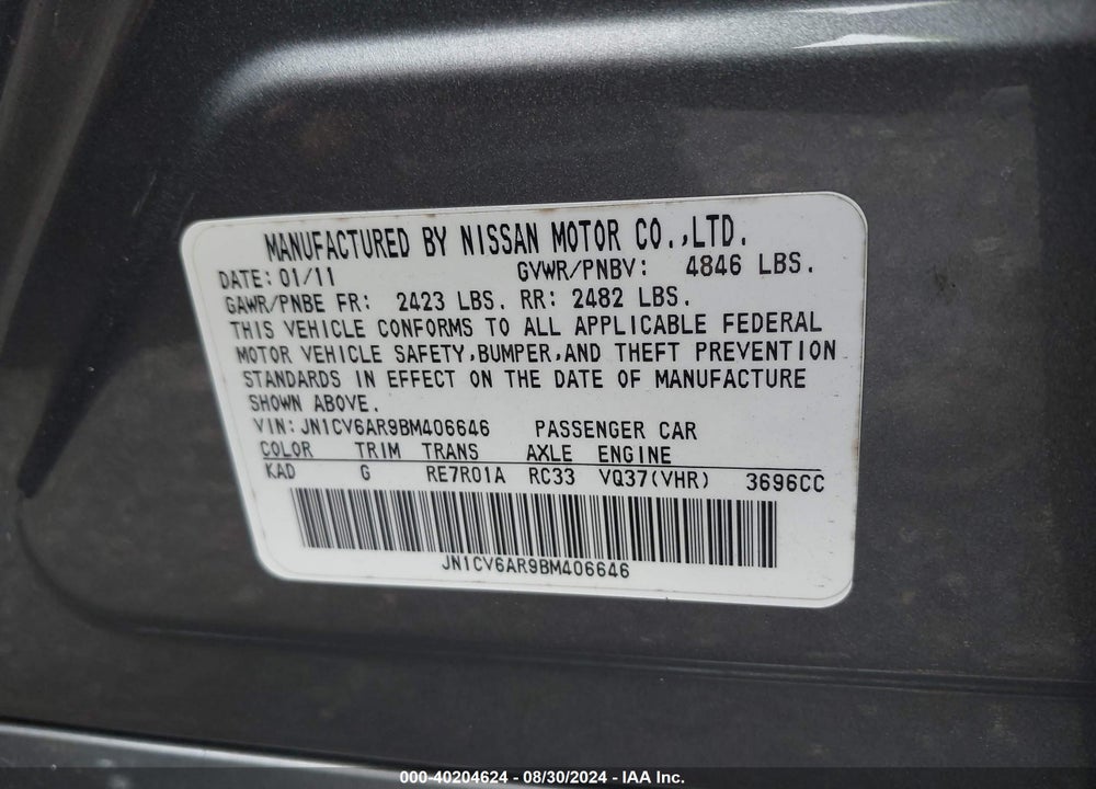 2011 INFINITI G37X VIN: JN1CV6AR9BM406646