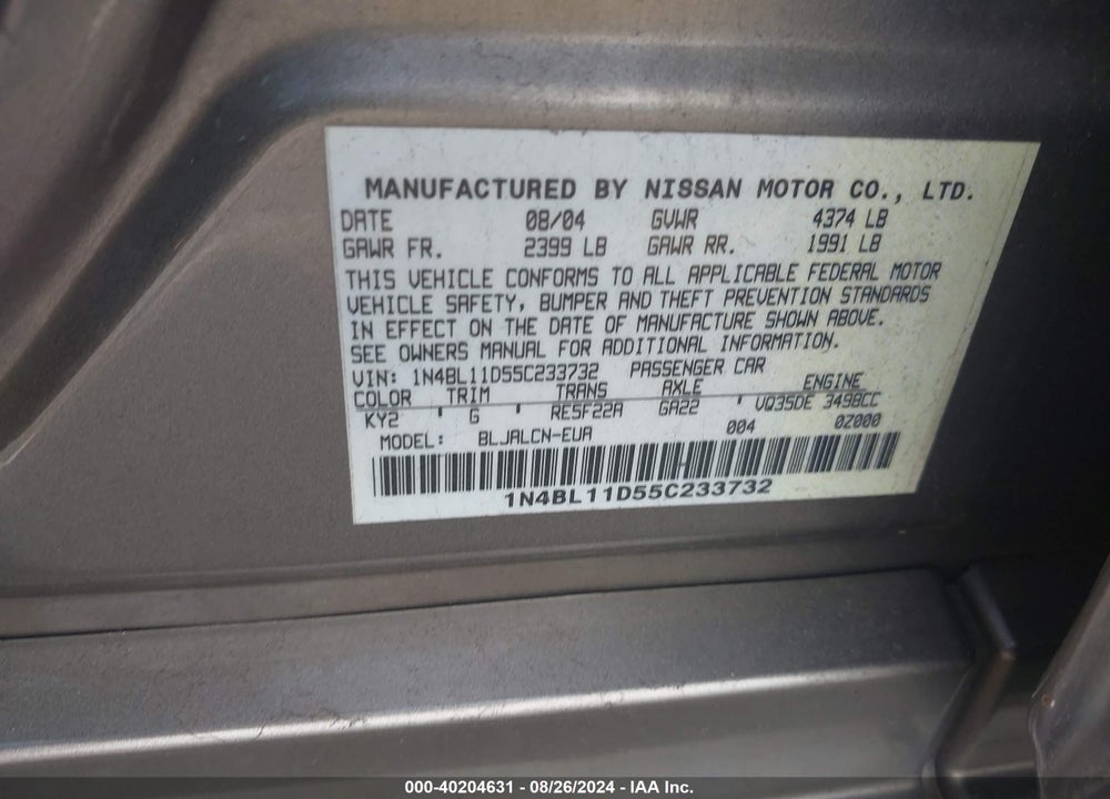 2005 NISSAN ALTIMA 3.5 SE VIN: 1N4BL11D55C233732