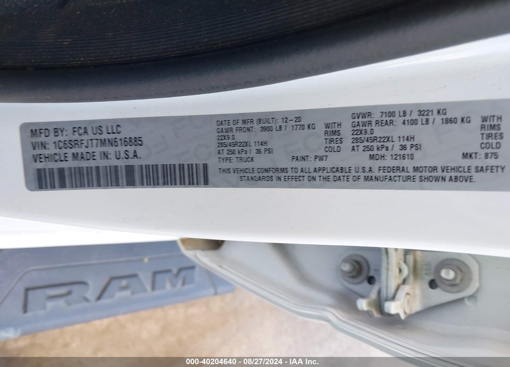 2021 RAM 1500 LAIE  4X4 5'7 BOX VIN: 1C6SRFJT7MN616885