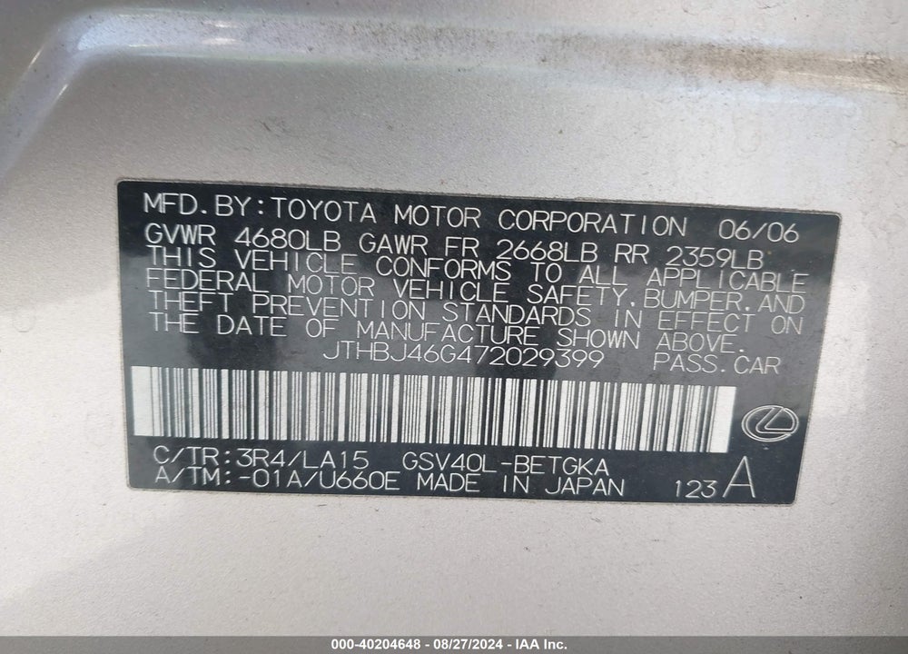 2007 LEXUS ES 350 VIN: JTHBJ46G472029399