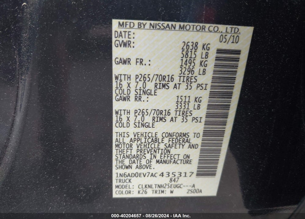2010 NISSAN FRONTIER SE VIN: 1N6AD0EV7AC435317