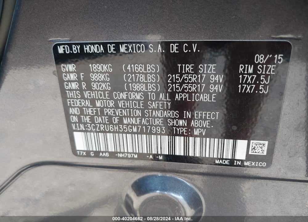 2016 HONDA HR-V LX VIN: 3CZRU6H35GM717993