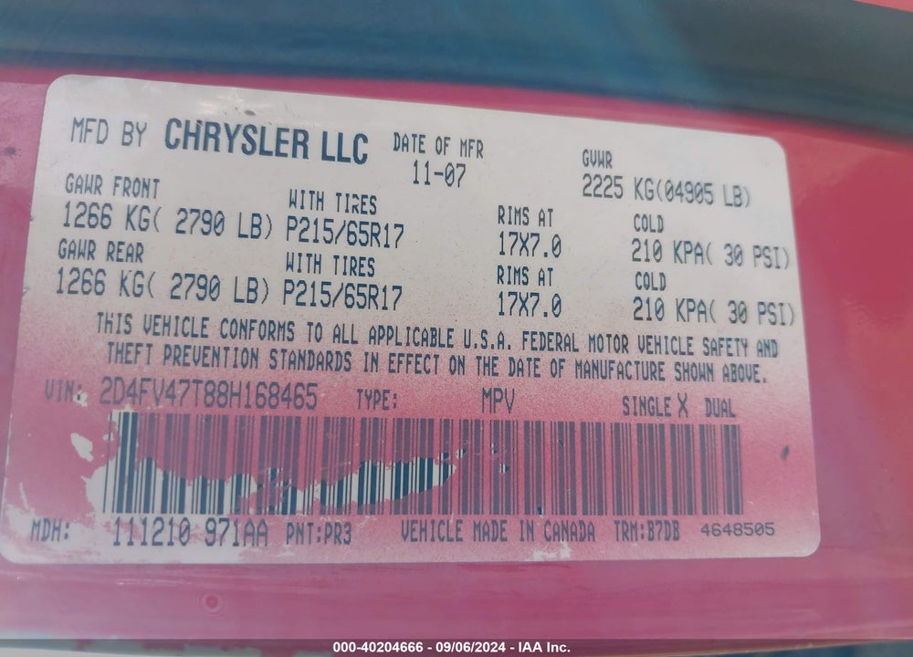 2008 DODGE MAGNUM VIN: 2D4FV47T88H168465