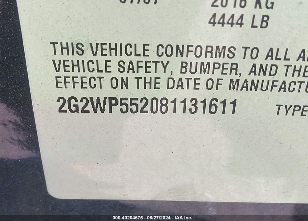 2008 PONTIAC GRAND PRIX VIN: 2G2WP552081131611