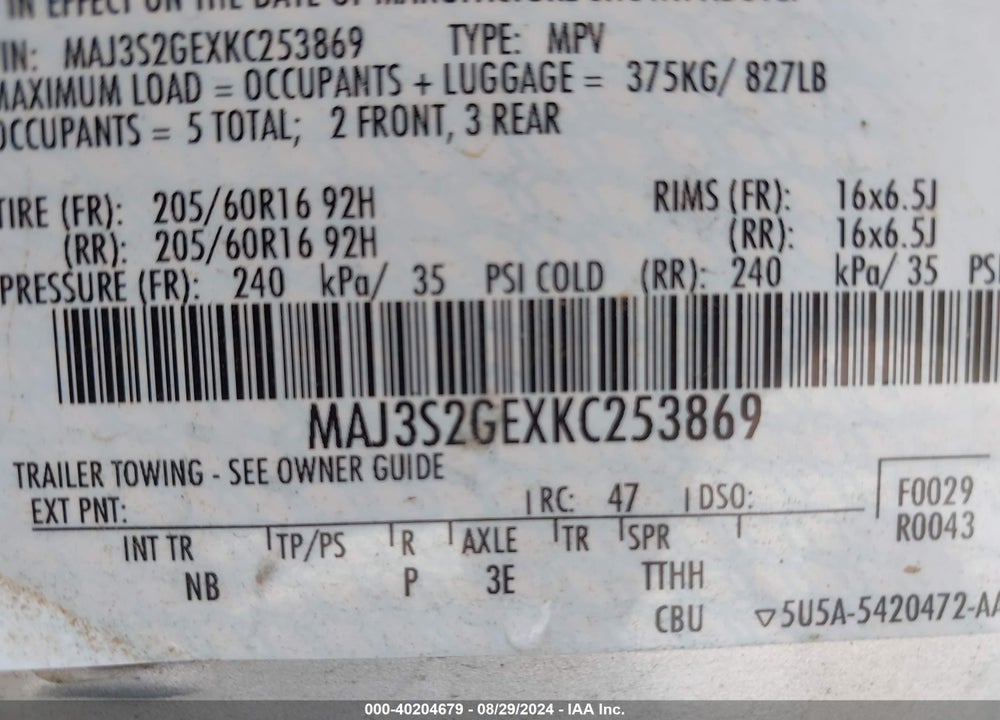 2019 FORD ECOSPORT SE VIN: MAJ3S2GEXKC253869