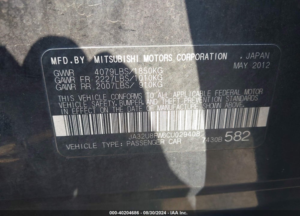 2012 MITSUBISHI LANCER GT VIN: JA32U8FW6CU029408