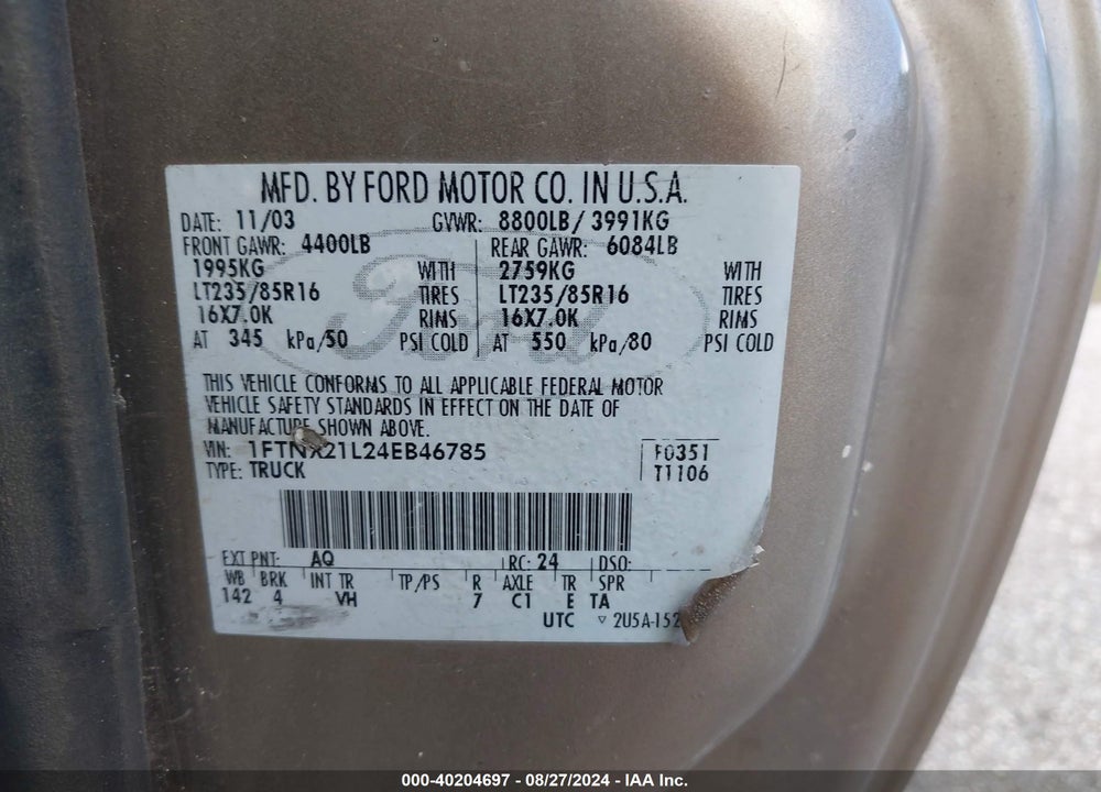 2004 FORD F-250 LARIAT/XL/XLT VIN: 1FTNX21L24EB46785