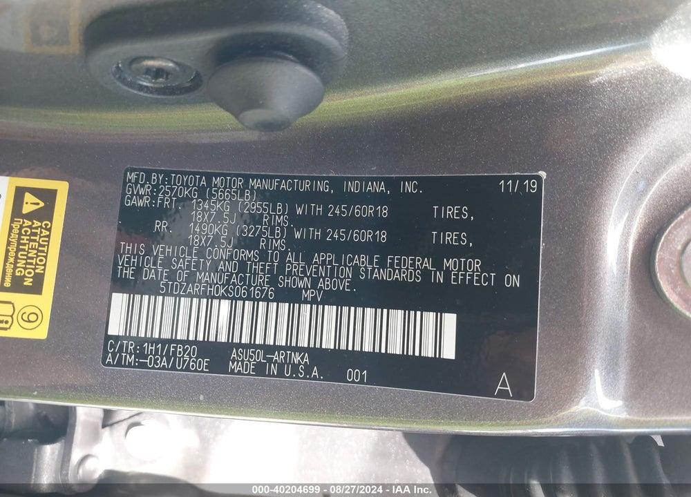 2019 TOYOTA HIGHLANDER LE VIN: 5TDZARFH0KS061676