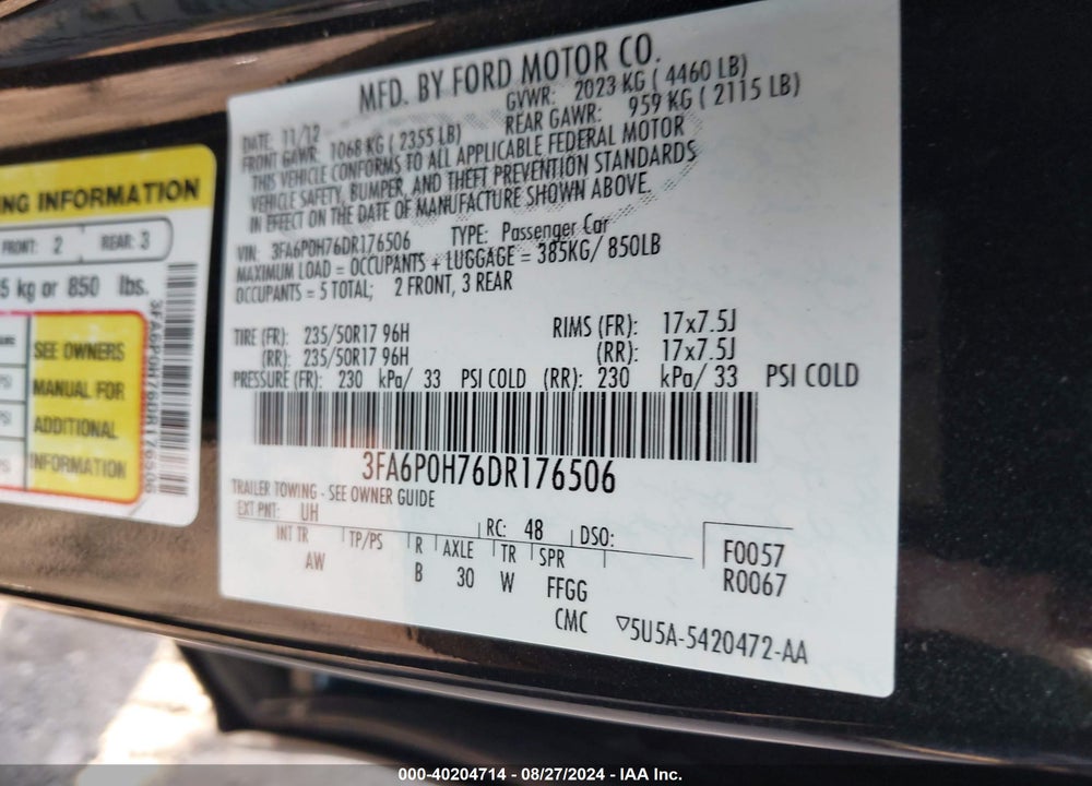 2013 FORD FUSION SE VIN: 3FA6P0H76DR176506