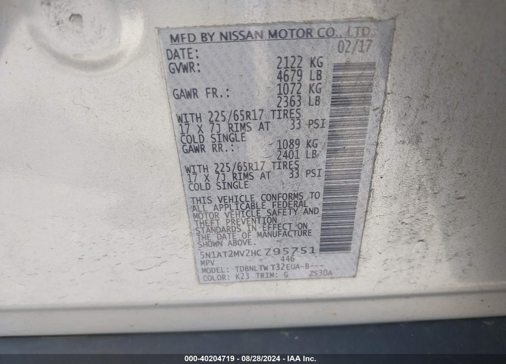 2017 NISSAN ROGUE SV VIN: 5N1AT2MV2HC795751