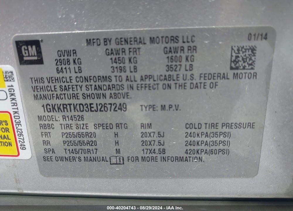 2014 GMC ACADIA DENALI VIN: 1GKKRTKD3EJ267249