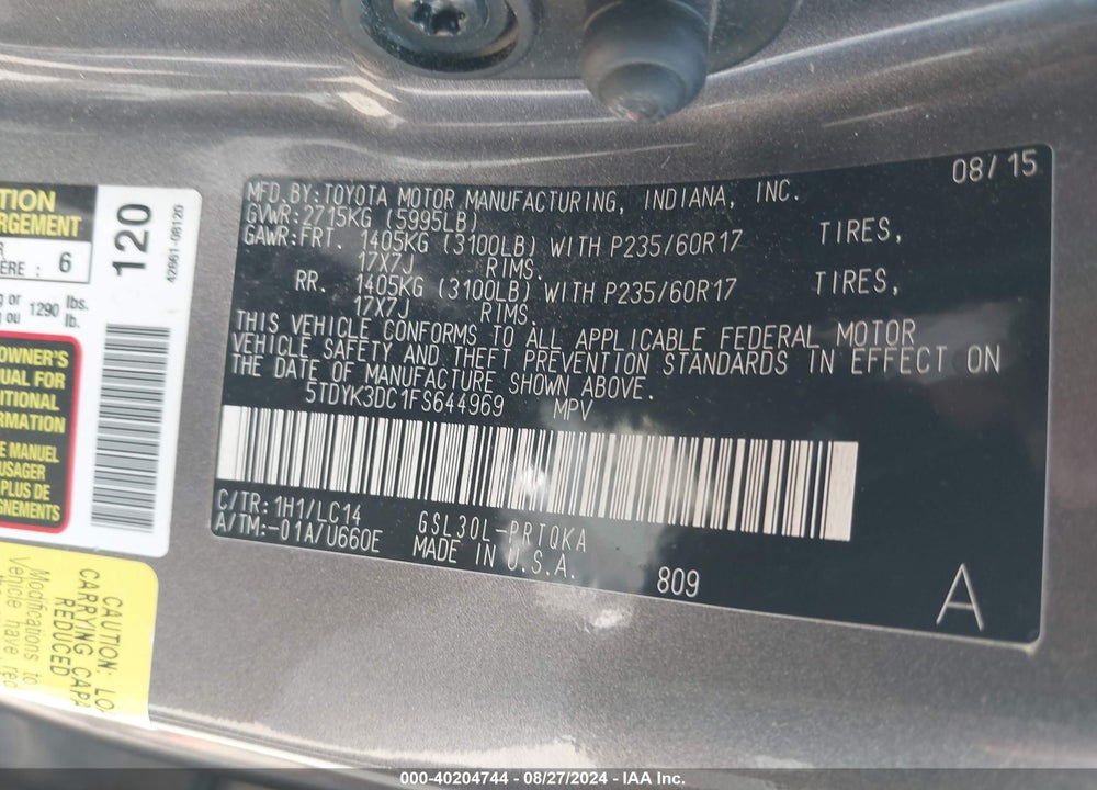 2015 TOYOTA SIENNA XLE PREMIUM 8 PASSENGER VIN: 5TDYK3DC1FS644969