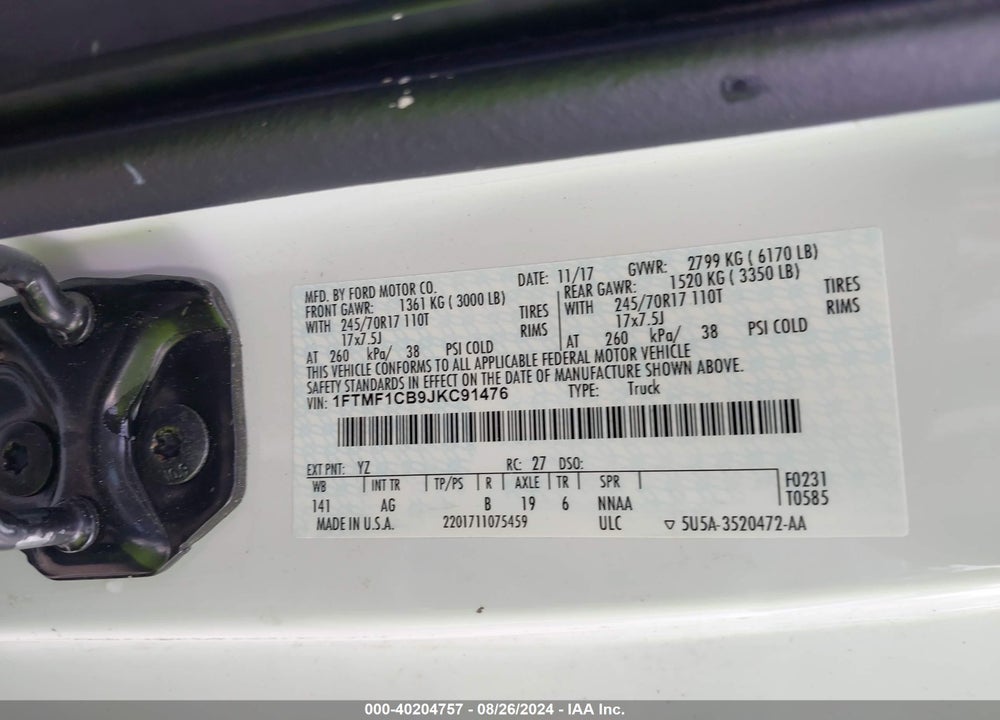 2018 FORD F-150 XL VIN: 1FTMF1CB9JKC91476
