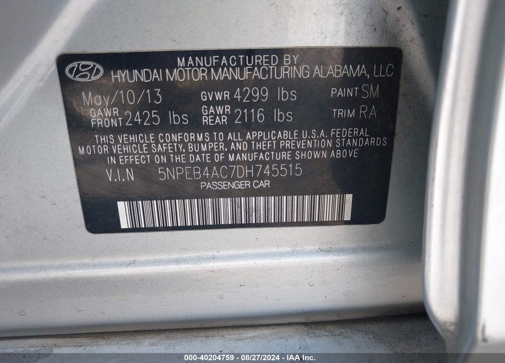 2013 HYUNDAI SONATA GLS VIN: 5NPEB4AC7DH745515