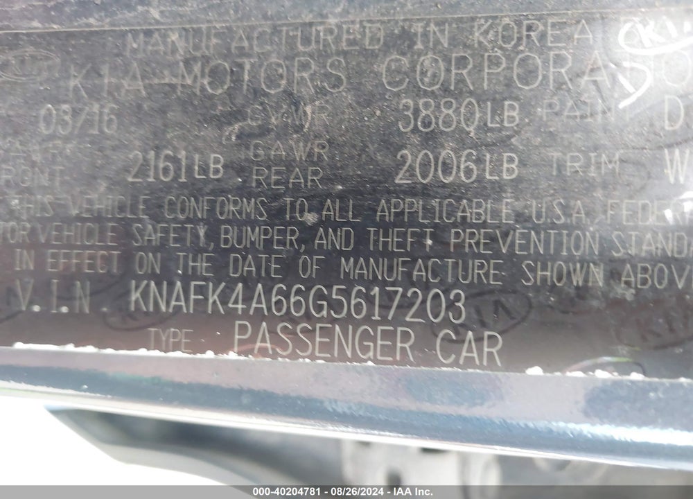 2016 KIA FORTE LX VIN: KNAFK4A66G5617203