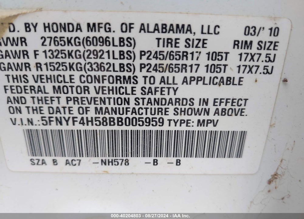 2011 HONDA PILOT EX-L VIN: 5FNYF4H58BB005959
