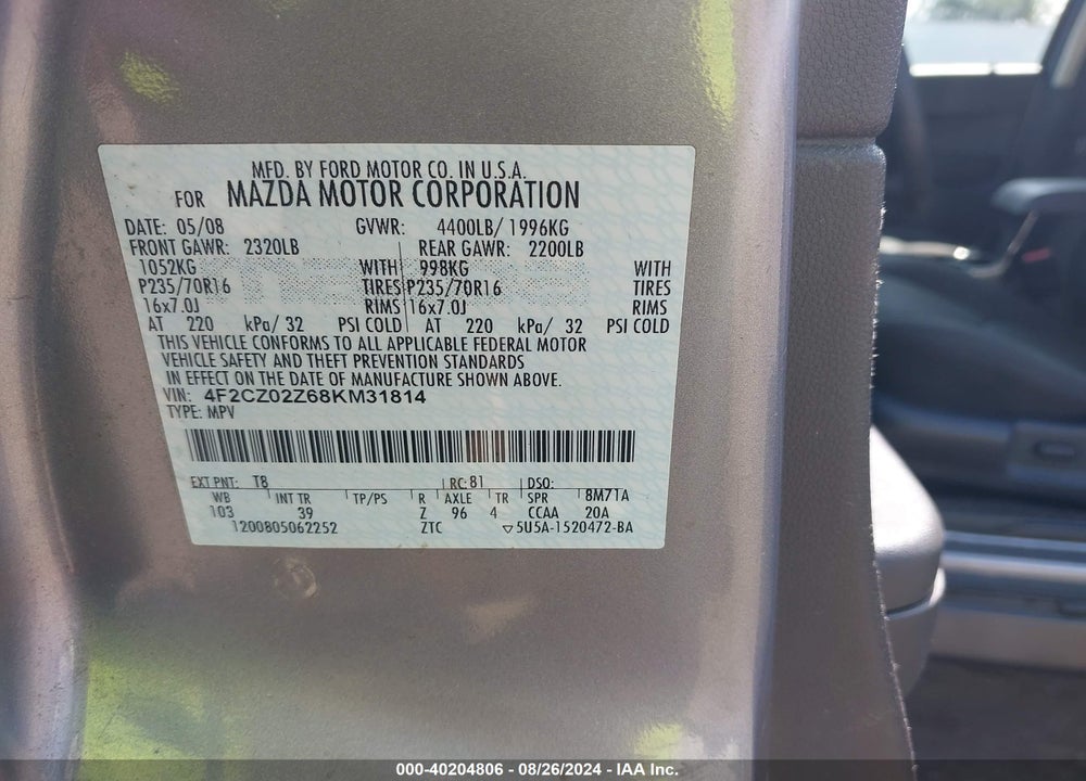 2008 MAZDA TRIBUTE I TOURING VIN: 4F2CZ02Z68KM31814