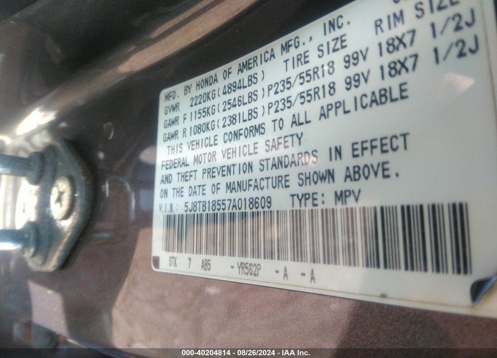2007 ACURA RDX VIN: 5J8TB18557A018609
