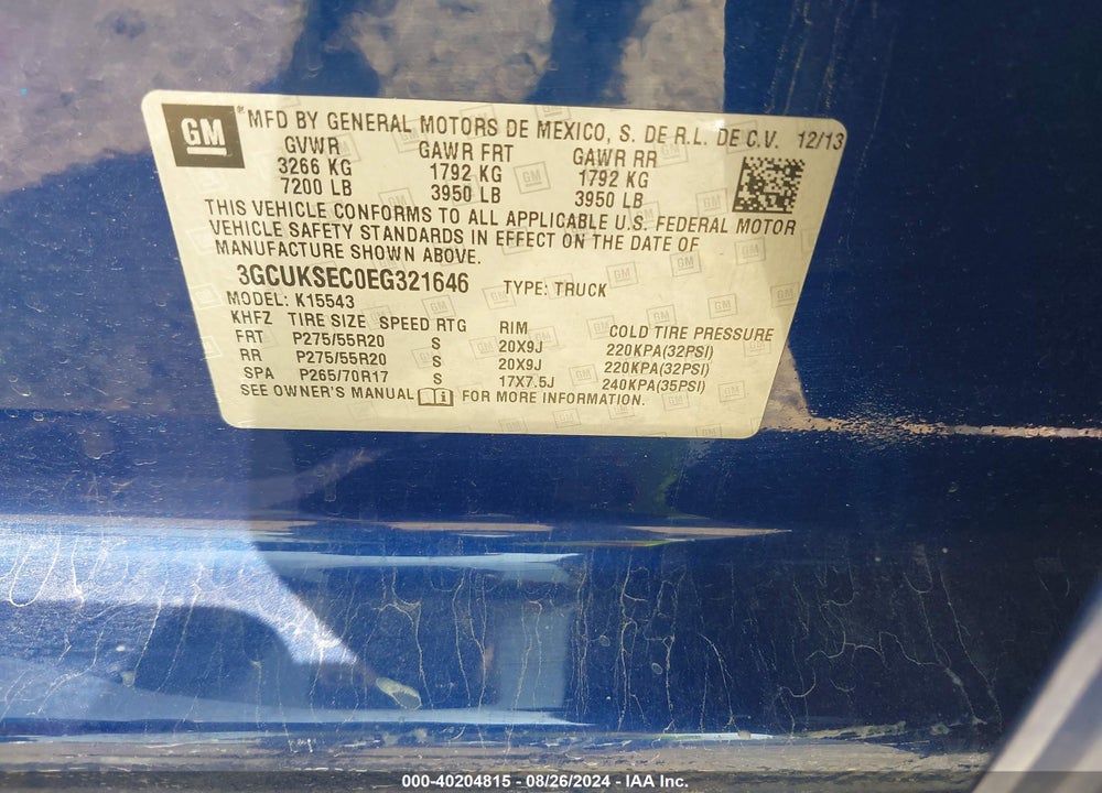 2014 CHEVROLET SILVERADO 1500 1LZ VIN: 3GCUKSEC0EG321646