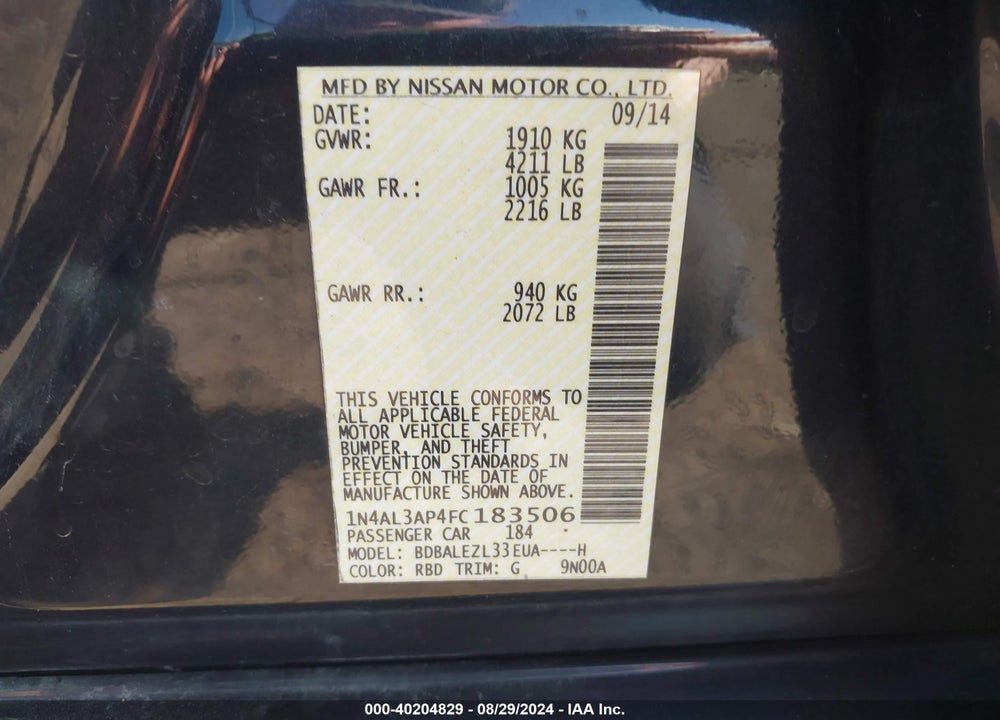 2015 NISSAN ALTIMA 2.5 S VIN: 1N4AL3AP4FC183506