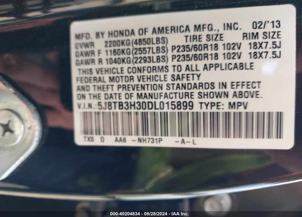 2013 ACURA RDX VIN: 5J8TB3H30DL015899