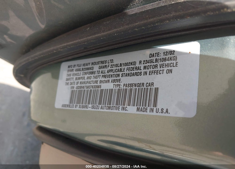 2003 SUBARU OUTBACK VIN: 4S3BH675937633565