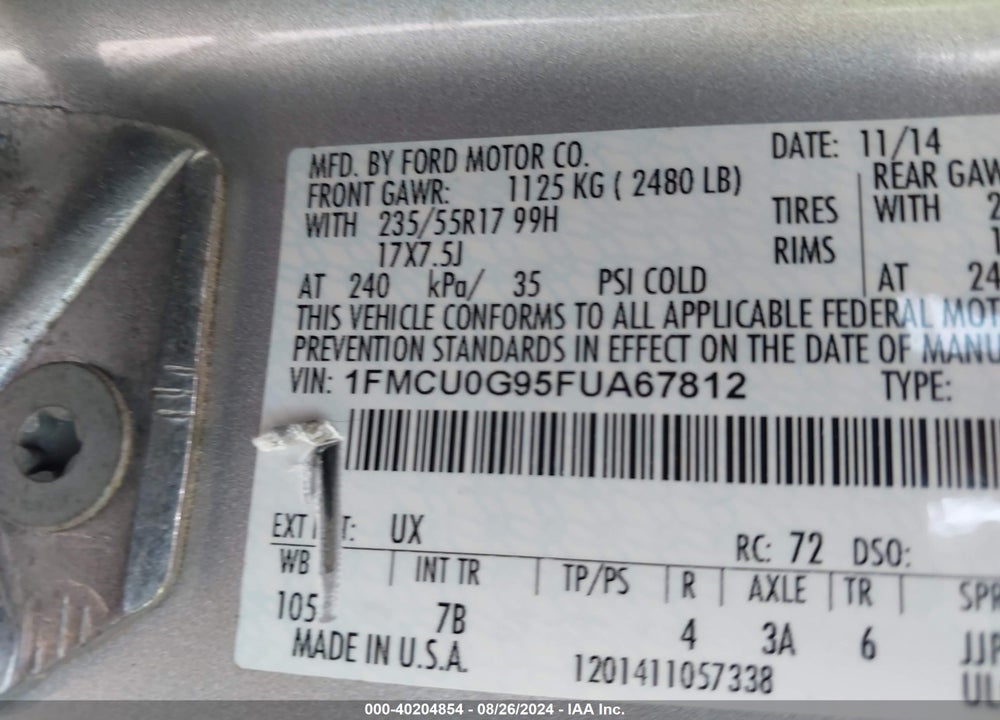 2015 FORD ESCAPE SE VIN: 1FMCU0G95FUA67812