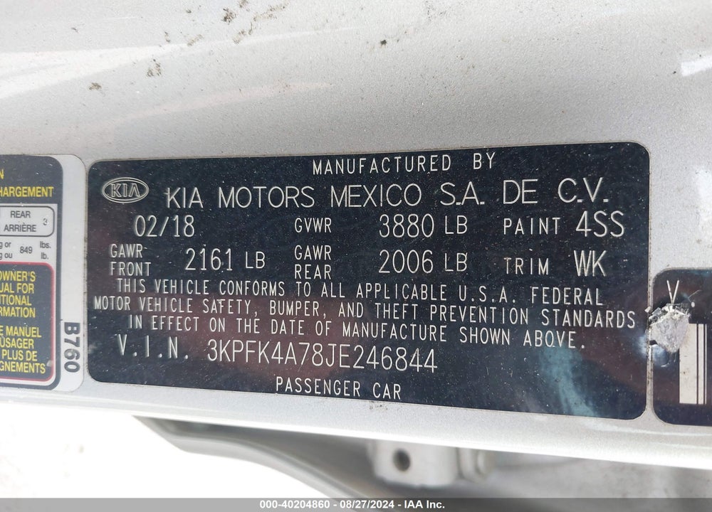 2018 KIA FORTE LX VIN: 3KPFK4A78JE246844