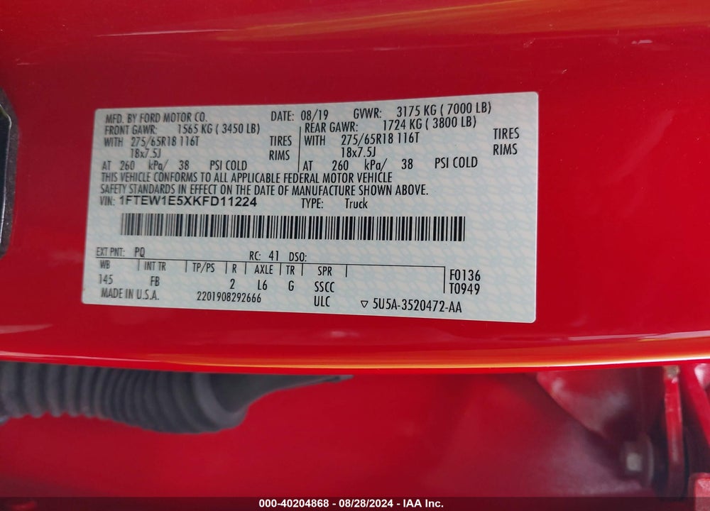 2019 FORD F-150 XLT VIN: 1FTEW1E5XKFD11224