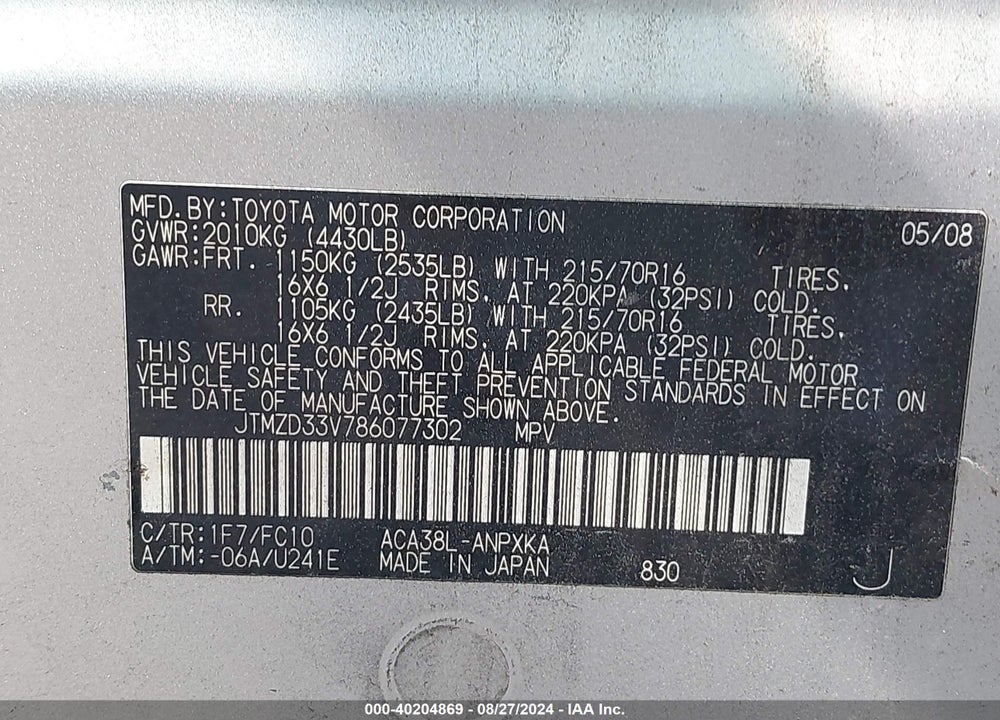 2008 TOYOTA RAV4 VIN: JTMZD33V786077302