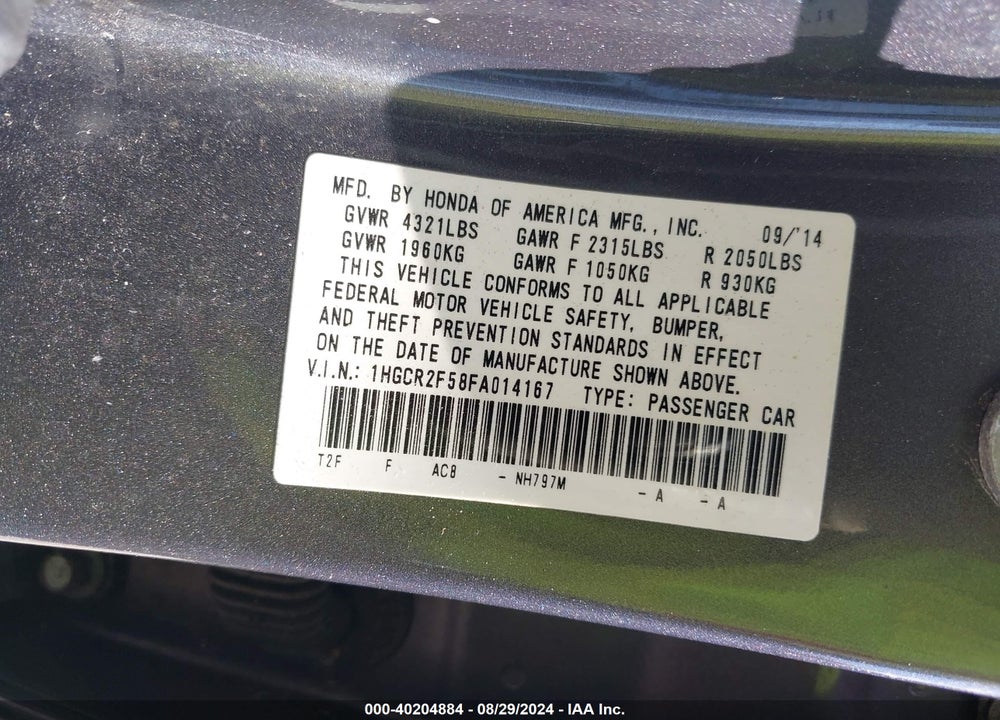 2015 HONDA ACCORD SPORT VIN: 1HGCR2F58FA014167